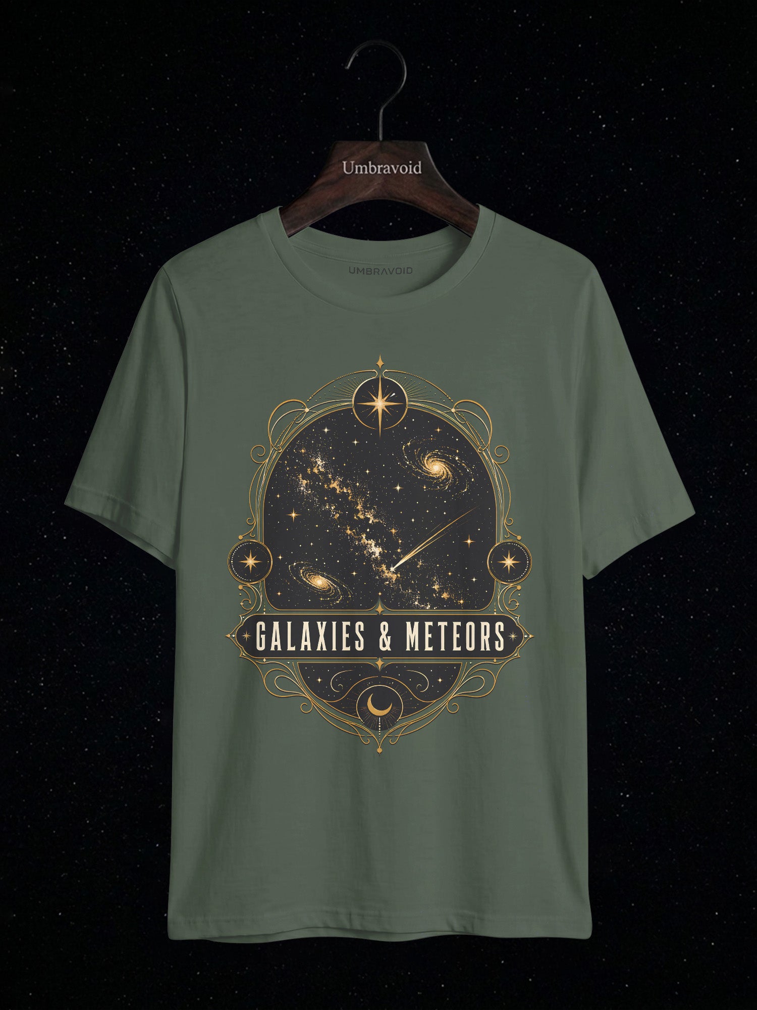 Galaxies & Meteors astronomy t-shirt | Umbra Void
