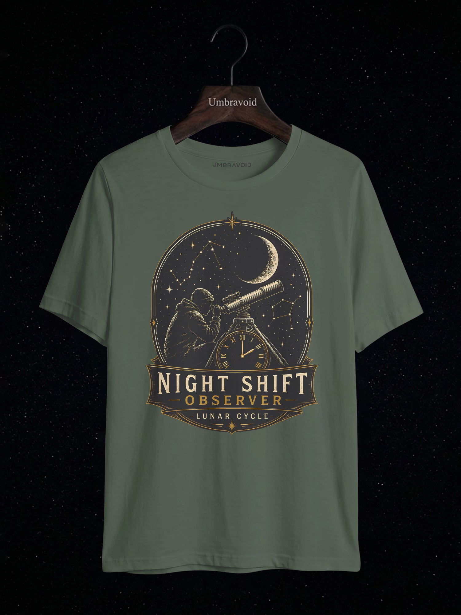 Night Shift Observer Lunar Cycle astronomy t-shirt | Umbra Void