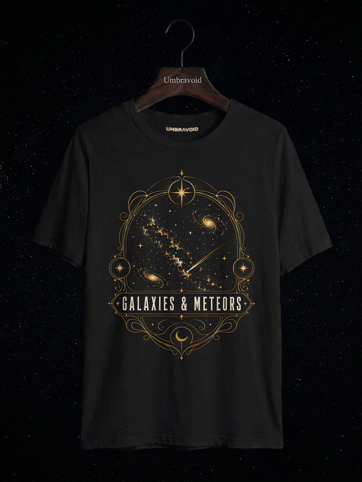 Galaxies & Meteors astronomy t-shirt | Umbra Void