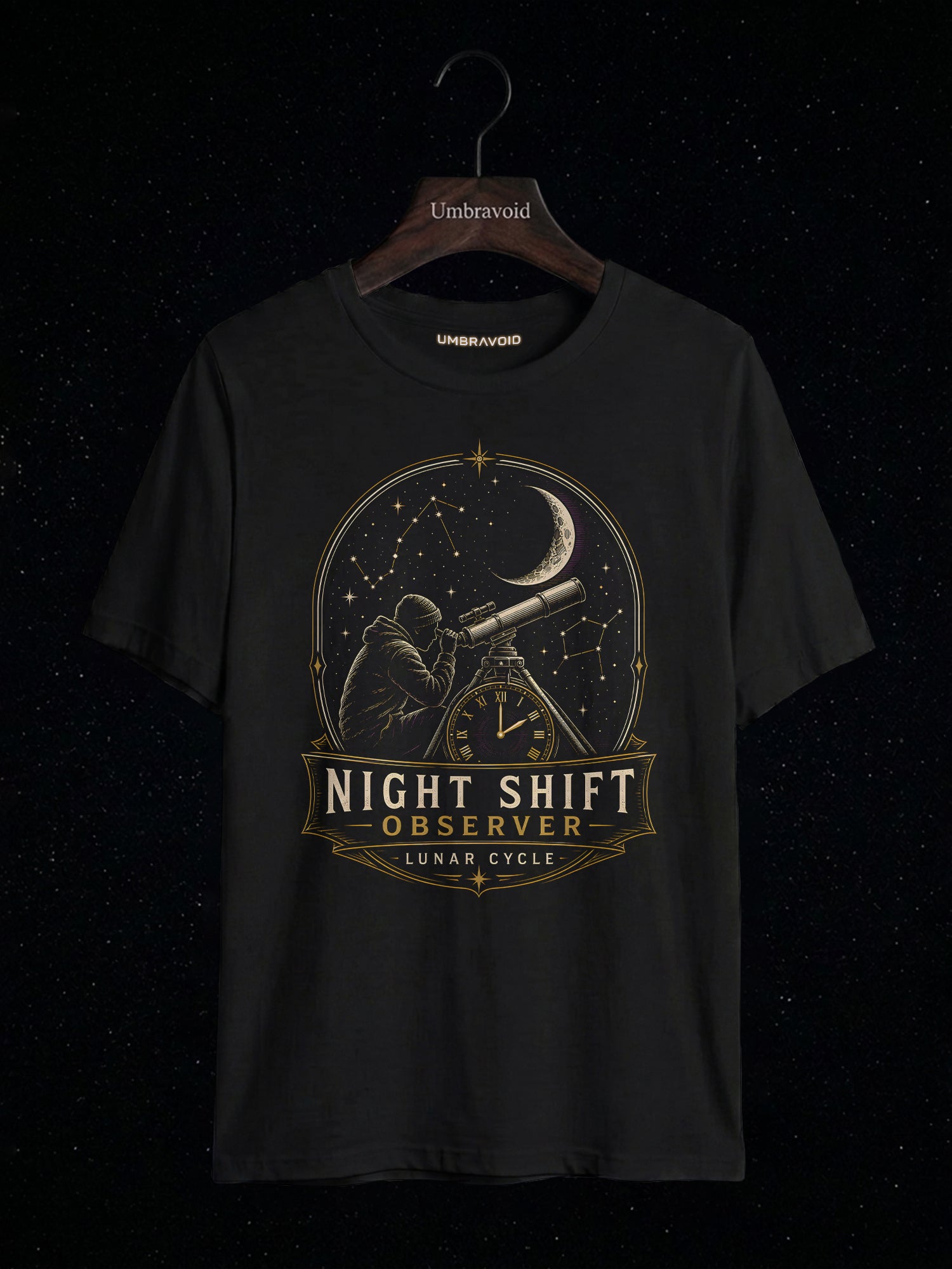 Night Shift Observer Lunar Cycle astronomy t-shirt | Umbra Void