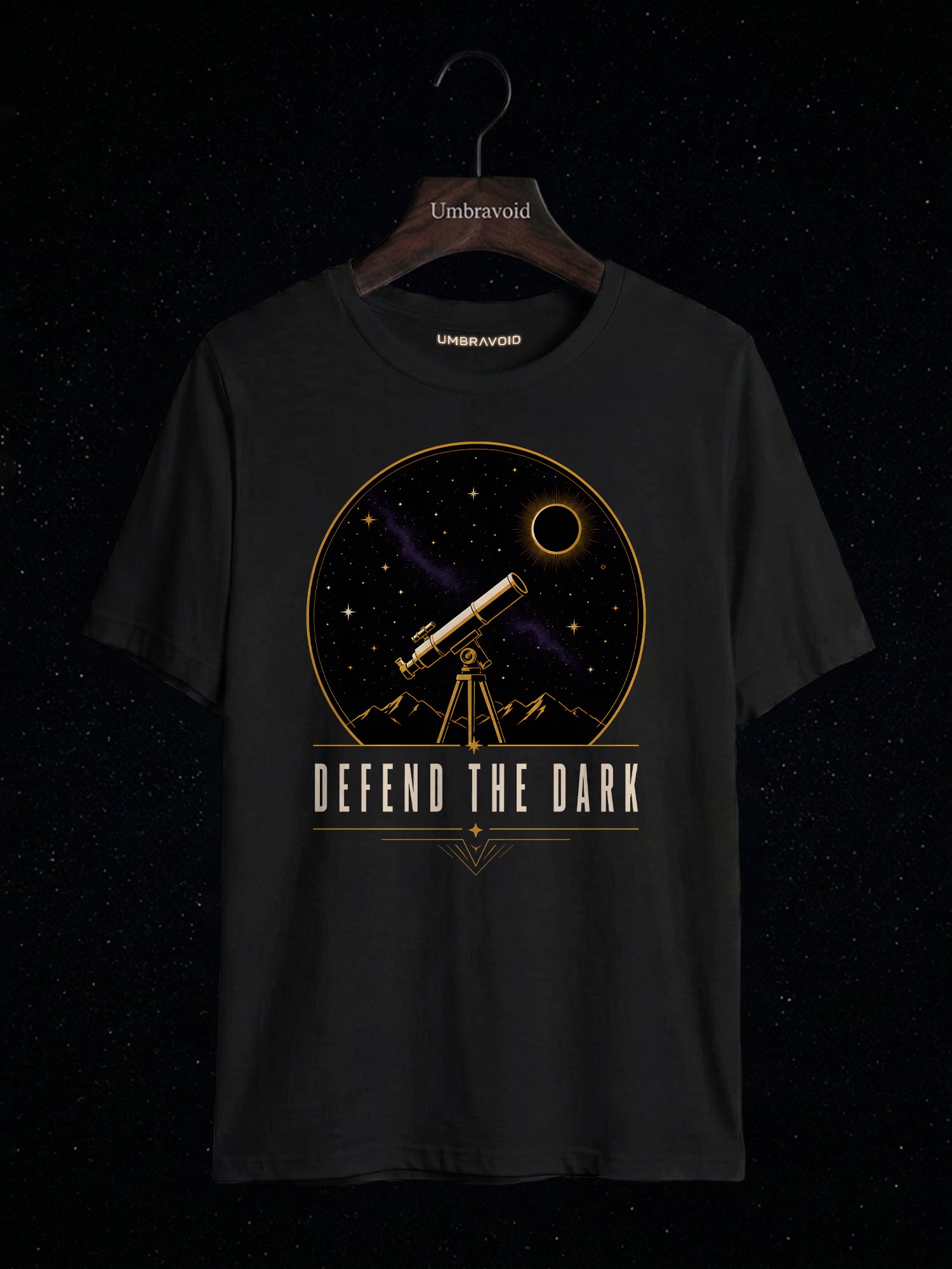 Defend The Dark Telescope astronomy t-shirt | Umbra Void