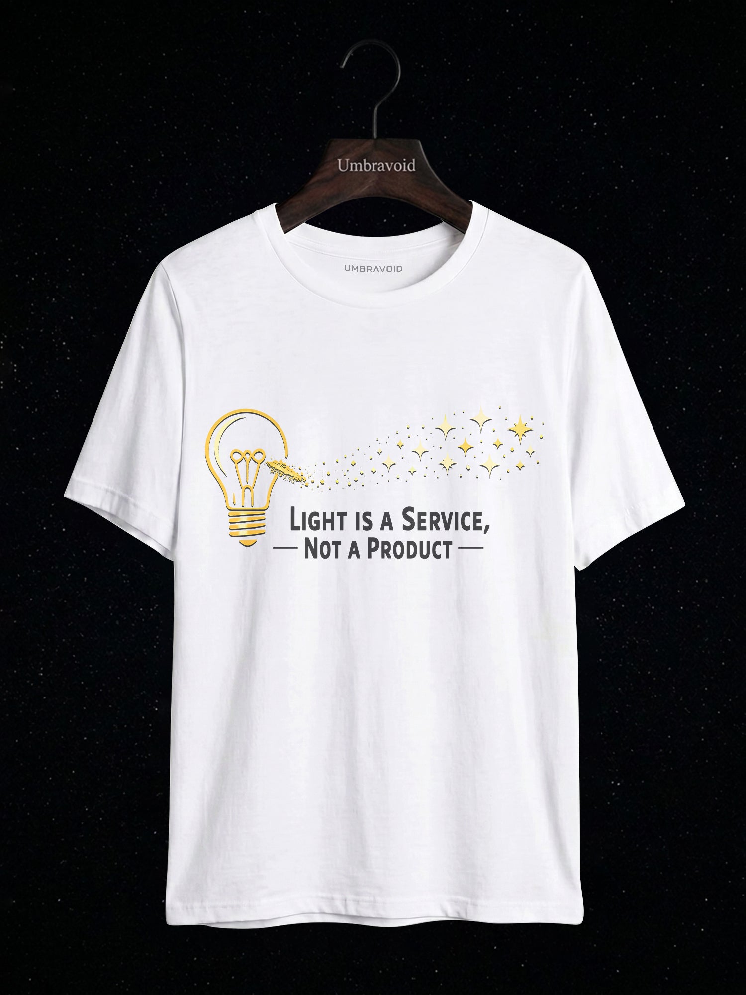 Light Is A Service, Not A Product astronomy t-shirt | Umbra Void