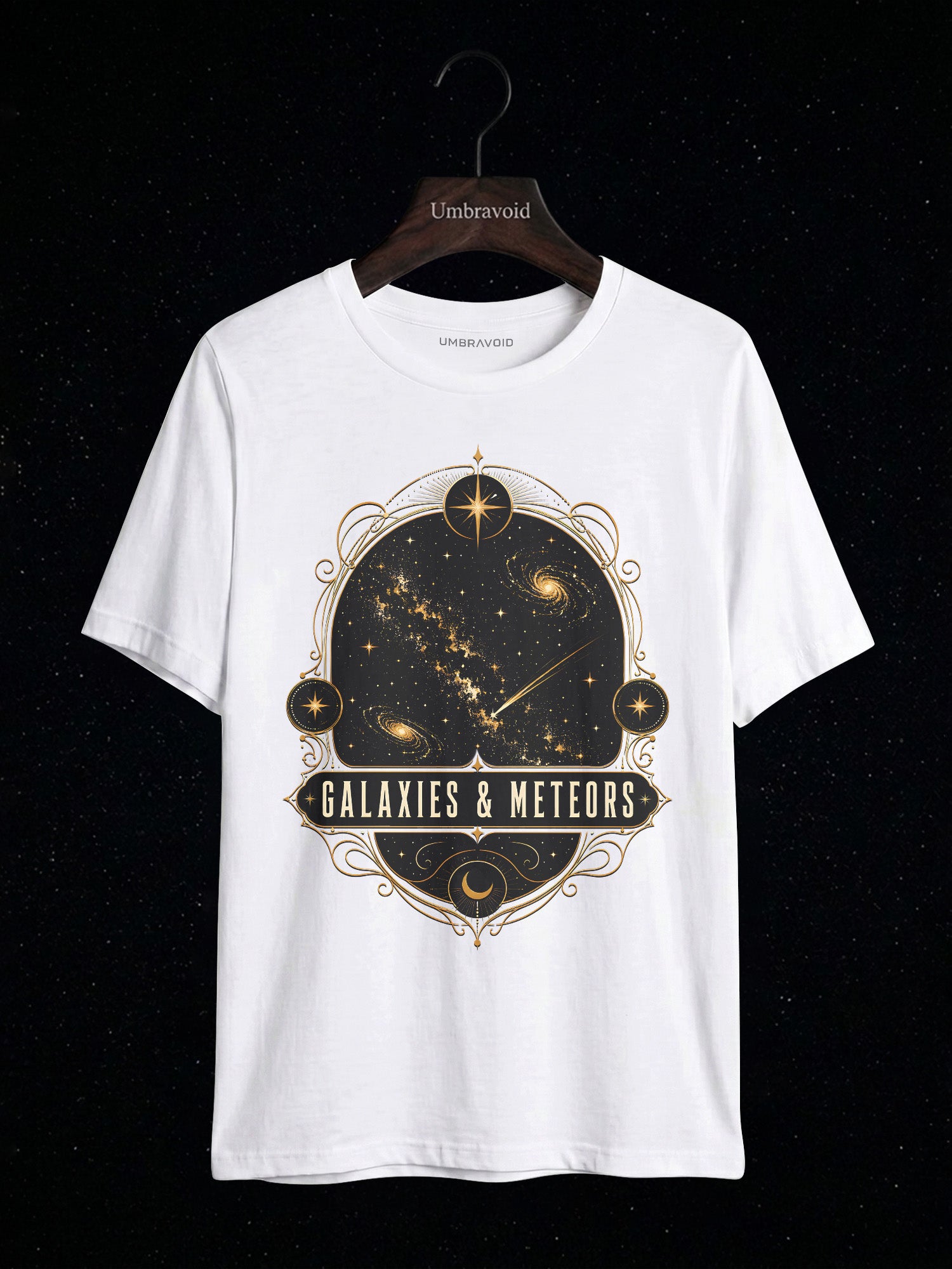 Galaxies & Meteors astronomy t-shirt | Umbra Void