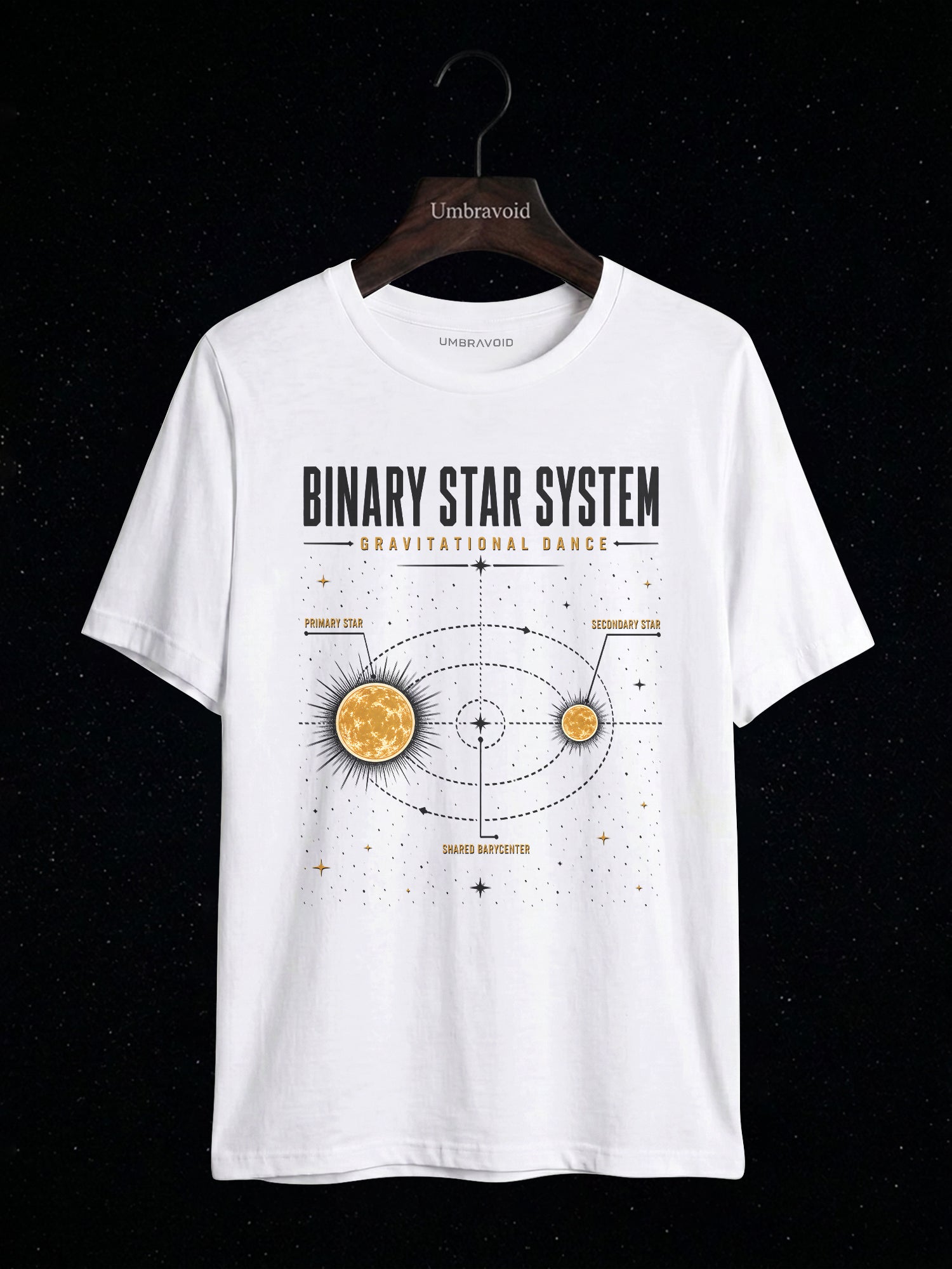 Binary Star System Gravitational Dance astronomy t-shirt | Umbra Void